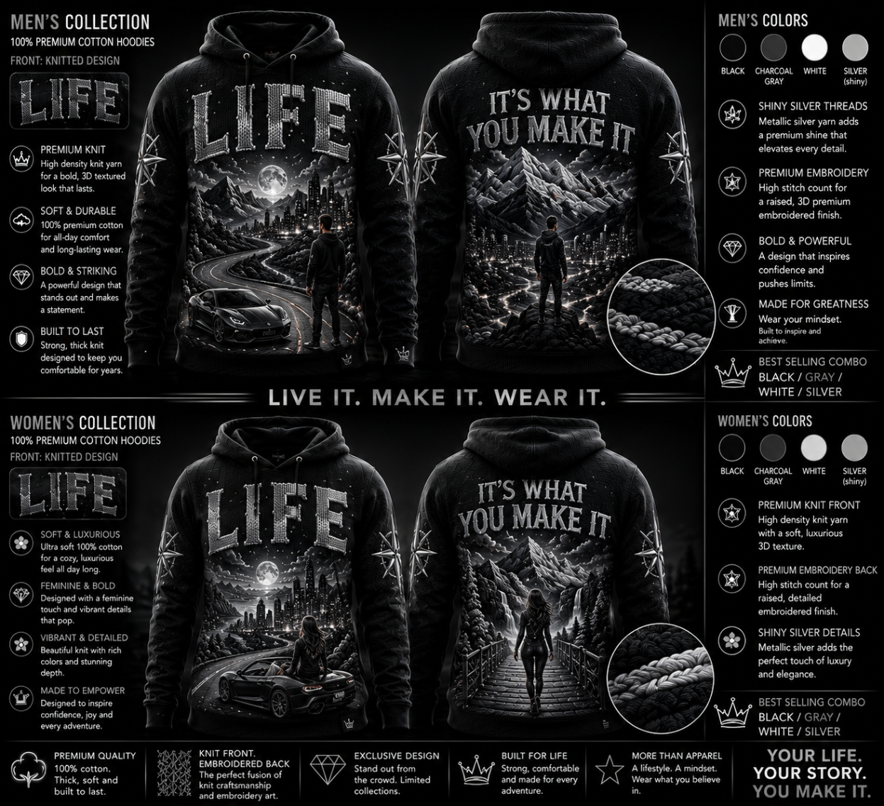 Model wearing LIFE — It's What You Make It (Black & Silver) tee