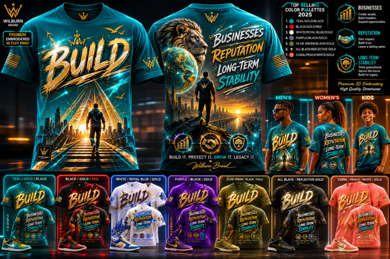 Model wearing BUILD — Teal · Gold · Black tee