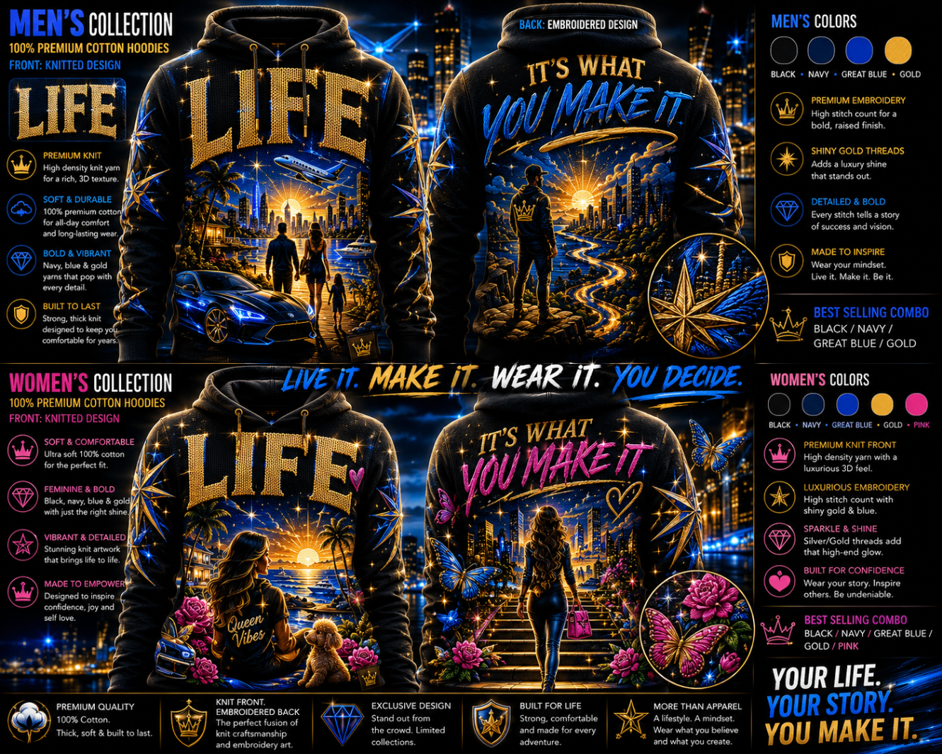 Model wearing LIFE — It's What You Make It (Navy & Gold) tee
