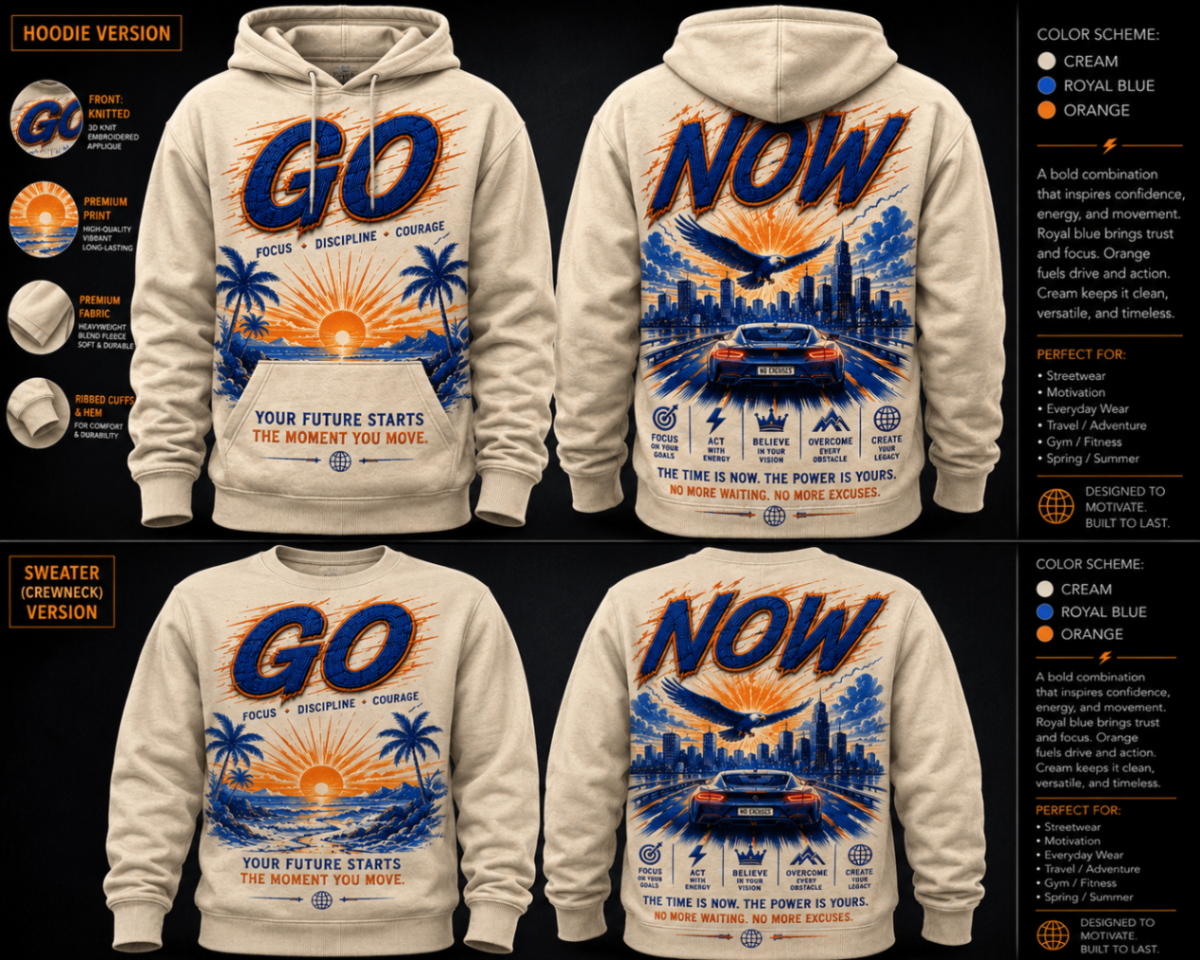 Model wearing GO / NOW — Your Future Starts The Moment You Move tee