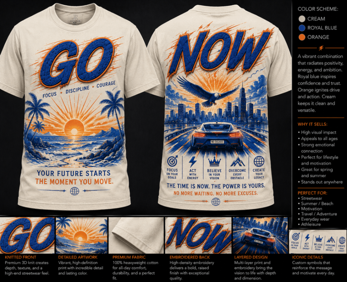 Model wearing GO / NOW — The Time Is Now tee