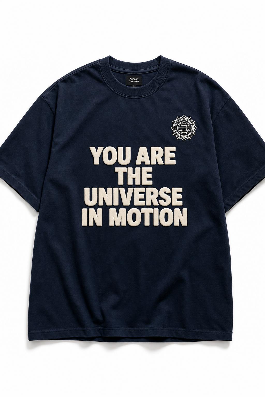 Model wearing You Are The Universe In Motion tee